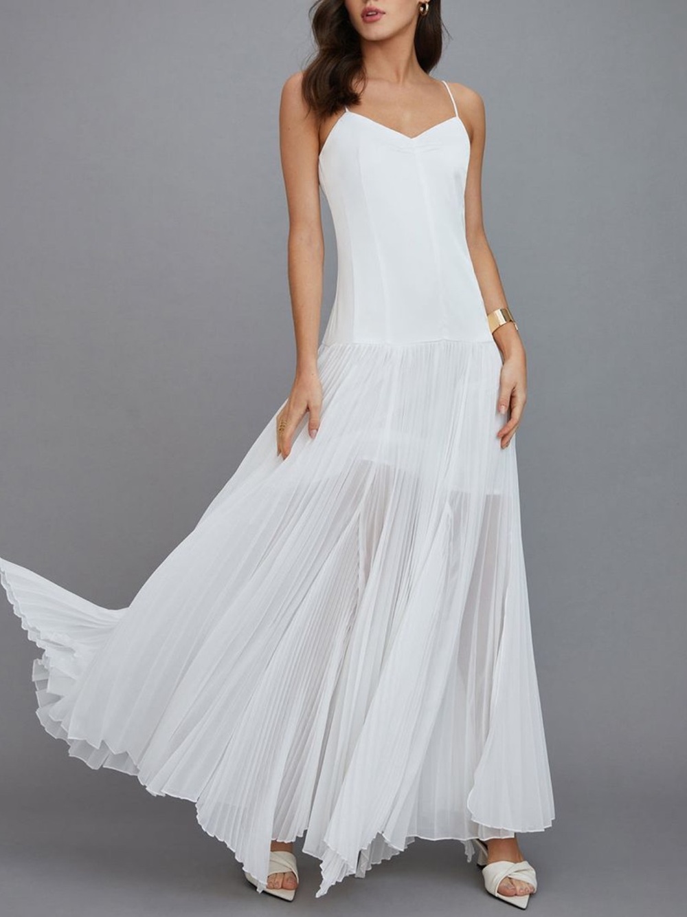 Elegant White Spaghetti-Strap Pleated Maxi Dress